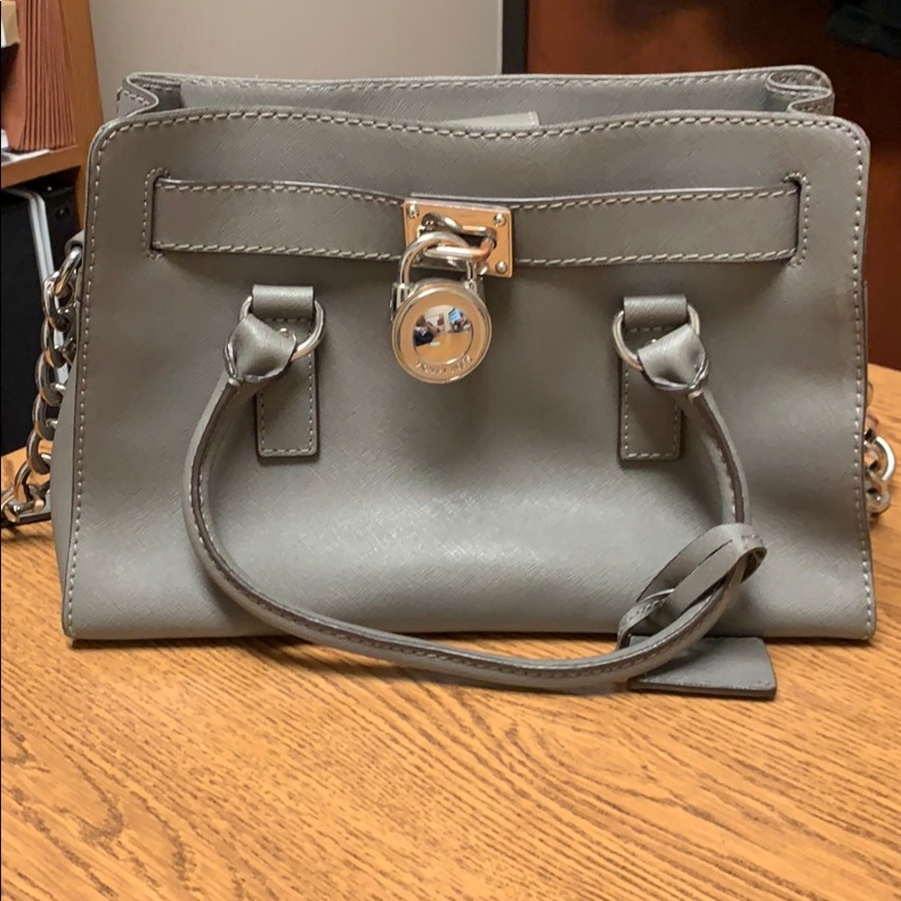 Michael Kors Gray Leather Lock Satchel